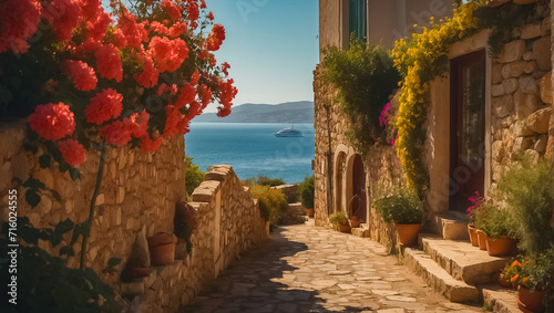 Fototapeta Naklejka Na Ścianę i Meble -  Beautiful street Greece summer day, sea traditional