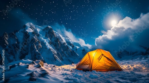 camping in the mountains, a tent pitched up on a snowy mountain at night with a full moon in the sky above it and a mountain range in the background