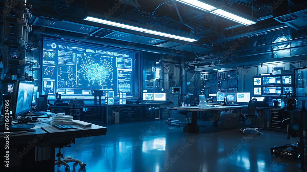 Um laboratório moderno e elegante repleto de equipamentos de alta tecnologia e telas brilhantes cria uma atmosfera de inovação de ponta