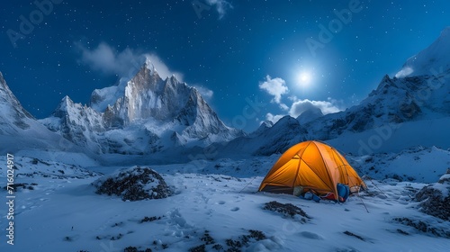 tent in the snow, a tent pitched up on a snowy mountain at night with a full moon in the sky above it and a mountain range in the background