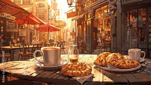 Outdoor sidewalk cafe eating a continental breakfast of coffee and croissants in Florence  Italy