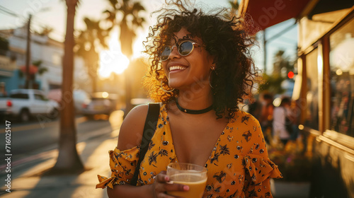 beautiful plump happy girl drinks coffee on a walk, palm trees, summer, plus size model, overweight woman, fat person, portrait, face, lady, lifestyle, weight loss, curvy, city, street photo