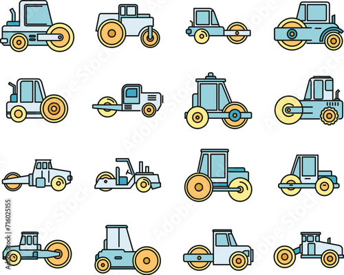 Construction road roller icons set. Outline set of construction road roller vector icons thin line color flat on white