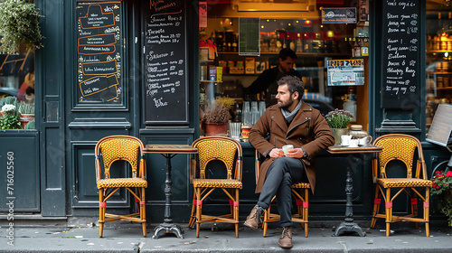 Fototapeta Naklejka Na Ścianę i Meble -  Outdoor sidewalk cafe eating a continental breakfast of coffee and croissants in Pair, France