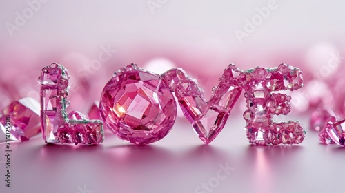 Pink Sapphire Crystal Love concept creative horizontal art poster. Photorealistic textured word Love on artistic background. Horizontal Illustration. Ai Generated Romance and Passion Symbol.