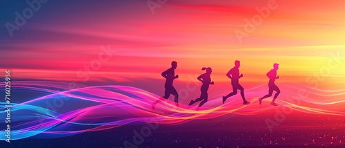 a background for a running app UI that features a gradient from dawn pink to twilight purple, with silhouettes of runners and dynamic swoosh lines, Ideal for App and Website Design . 