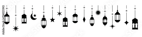 Ramadan Kareem Border, Islamic art Style Background. Symbols of Ramadan Mubarak, Hanging Gold Lanterns, arabic lamps, lanterns moon, star, art vector and illustration 