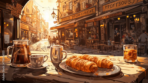 Outdoor sidewalk cafe eating a continental breakfast of coffee and croissants in Florence, Italy