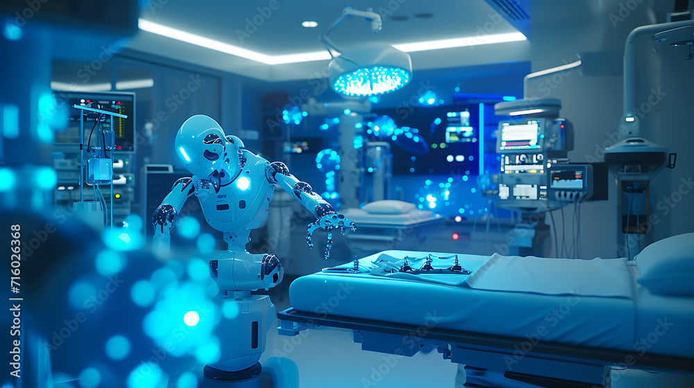 Um moderno quarto estéril de hospital é iluminado pelo suave brilho azul de equipamentos médicos futuristas - obrazy, fototapety, plakaty 