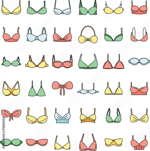 Modern bra icons set. Outline set of modern bra vector icons thin line color flat on white