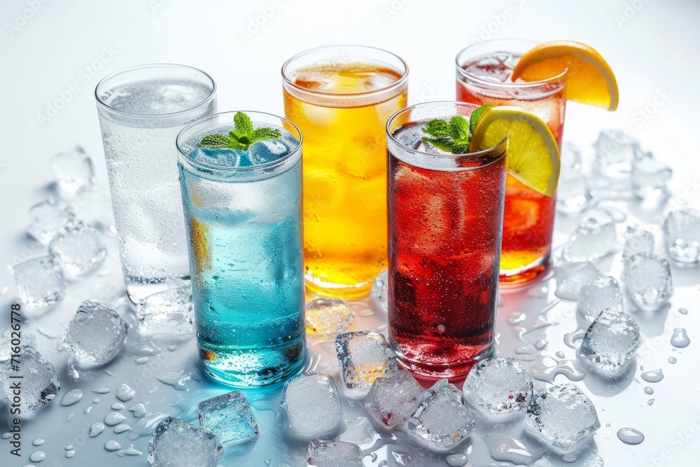 Ice Cubes and Different Soda Drinks on White Background: Ice Cubes and Different Soda Drinks on White Background: