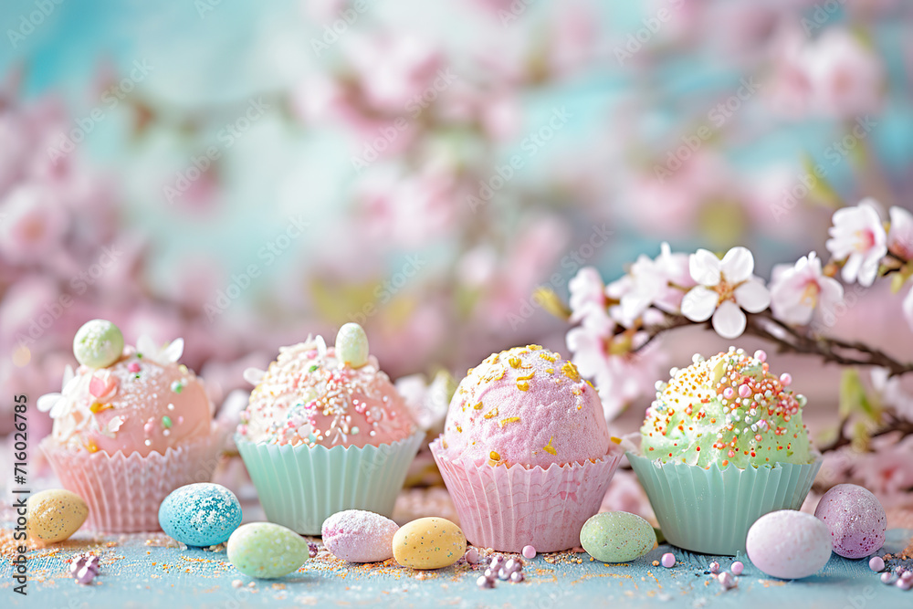 homemade easter holiday celebration sweet treats praline chocolate truffle treats in romantic pastel spring colours with frosting heart shaped sprinkles in magazine editorial look bakery baked	 - obrazy, fototapety, plakaty 
