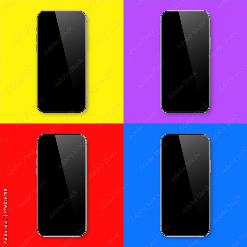 Realistic smartphone with blank touch screen on colorful background. Frameless mobile phone in front view. High quality detailed device mockup. Vector illustration