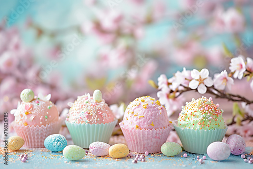 homemade easter holiday celebration sweet treats praline chocolate truffle treats in romantic pastel spring colours with frosting heart shaped sprinkles in magazine editorial look bakery baked 