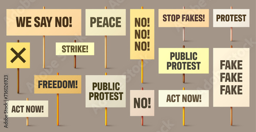 Colorful protest signs with slogan on wooden holder. Realistic vector demonstration banner. Strike action cardboard placard mockup
