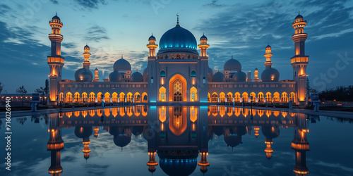Ramadan Kareem. Eid Mubarak . Illuminated mosque with a perfect reflection on water during the blue hour.