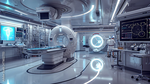 Uma sala de hospital moderna imaculada está cheia do zumbido suave de equipamentos médicos avançados