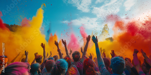 Happy Holi. A vibrant crowd celebrating Holi with colorful powder in the air.