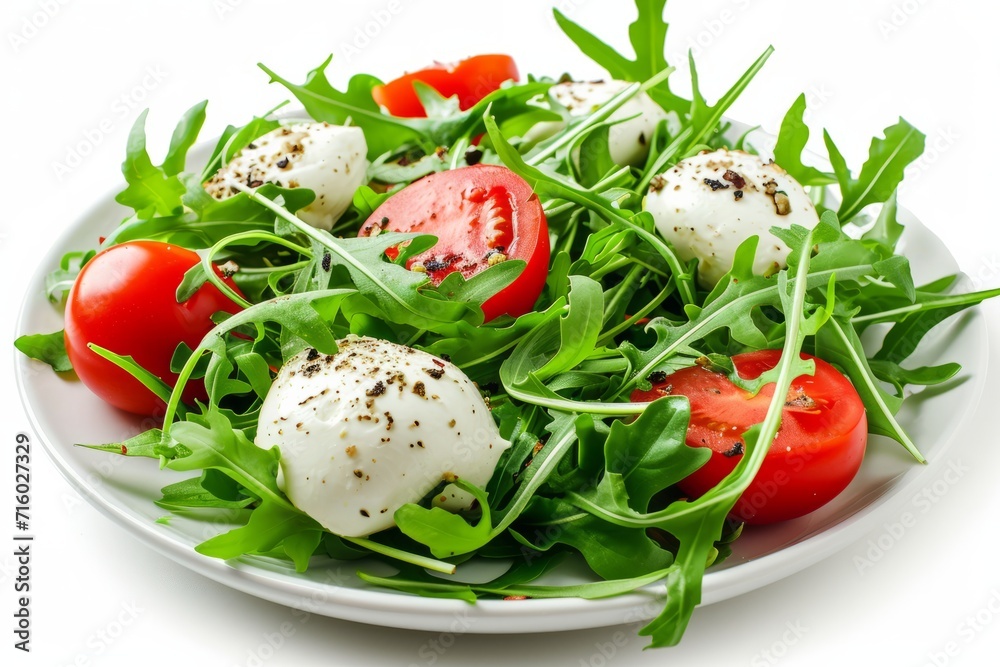 Salad with Burrata Cheese, Arugula Salad and Tomatoes in Plate Isolated on White Background Salad with Burrata Cheese, Arugula Salad and Tomatoes in Plate Isolated on White Background