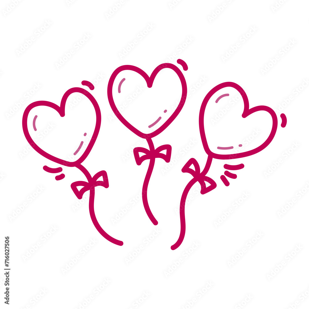 Hand drawn line cute hearts balloons with ribbon decoration to happy valentines day vector illustration