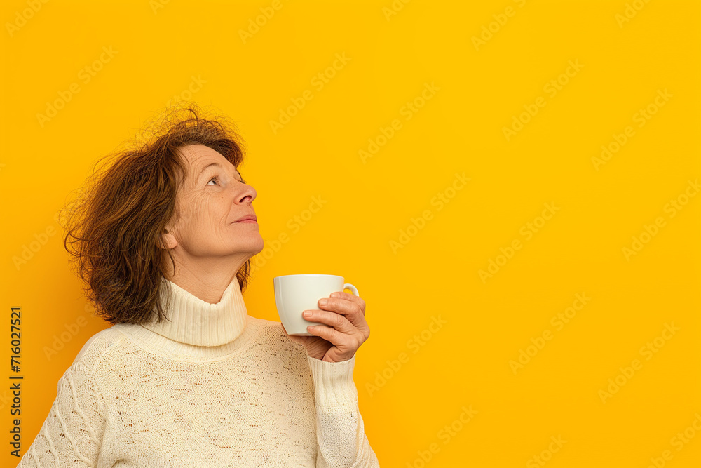 A beautiful 60-year-old woman holding a cup of coffee in her hand and looking up, on a yellow background with an empty space for text A beautiful 60-year-old woman holding a cup of coffee in her hand and looking up, on a yellow background with an empty space for text