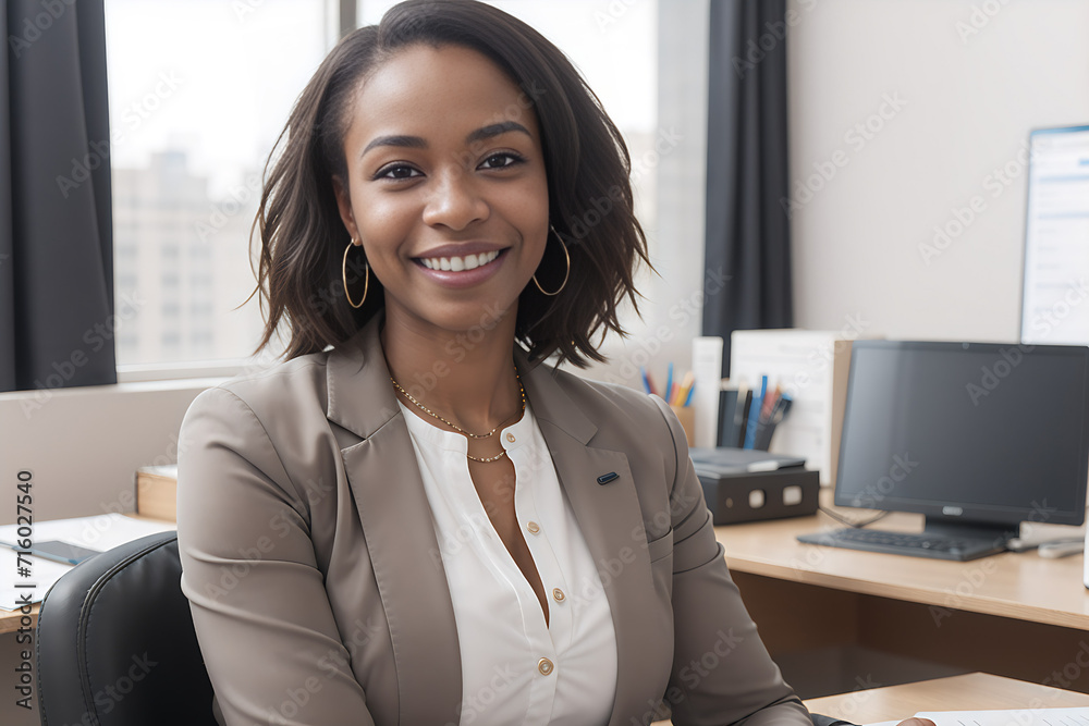 Obraz premium Smiling African American Woman Office Business AI Generated Image