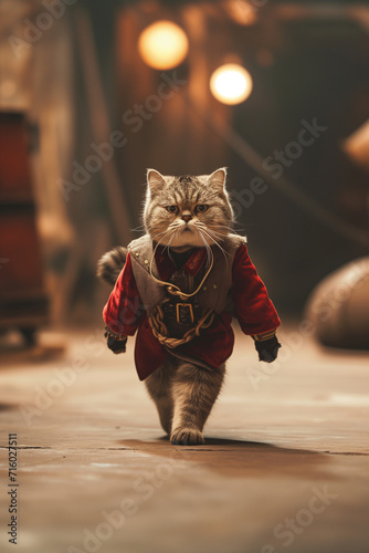A cat in the shape of a front, wearing a fashionable red costume, walking on the runway, movie texture