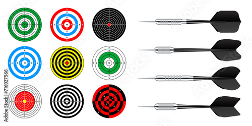 Paper targets with dart arrows. Shooting range round target, divisions, marks and numbers. Gun shooting practise and training, sport competition, hunting. Bullseye and aim. Vector illustration