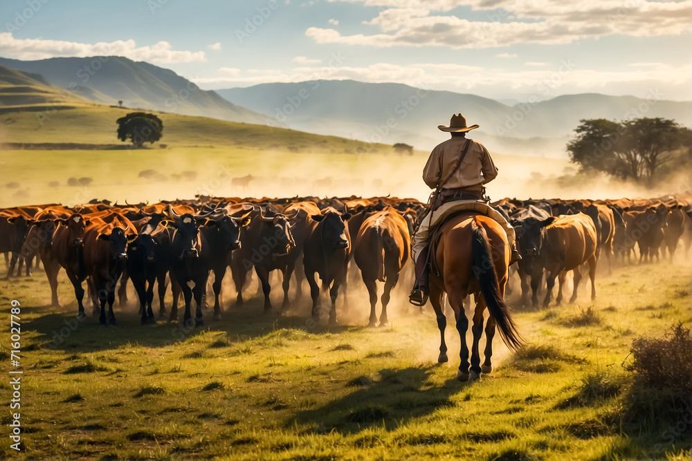 Gaucho ranch hand riding a Criollo horse driving cattle in the pampa of ...