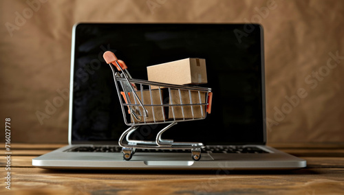 Online shopping concept with miniature shopping cart standing in front of laptop, Generative AI Illustration