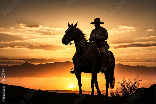 Gaucho pawn riding a Criollo horse at pampa sunset. Criollo Brazilian horse breed.