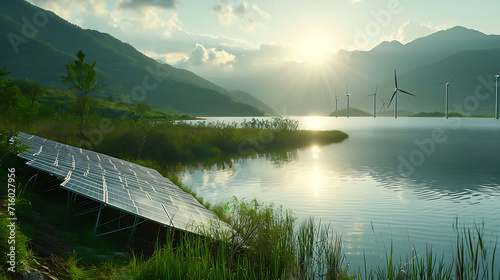 Uma imagem serena de um lago intocado reluzindo sob o sol da manhã envolto por montanhas verdejantes photo