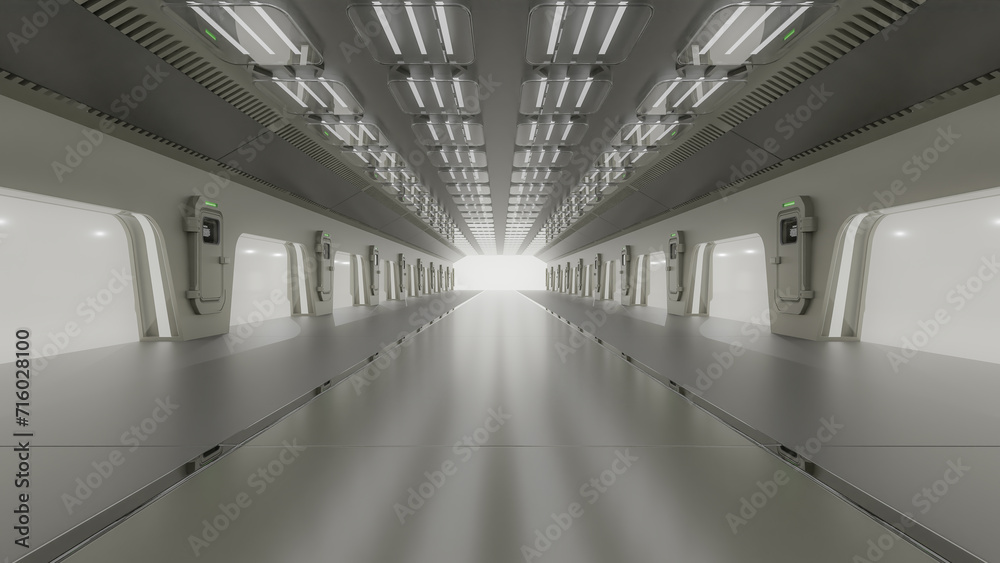 Science lab or sci-fi corridor. Science elements and innovation background. 3D Render. Science lab or sci-fi corridor. Science elements and innovation background. 3D Render.