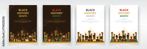 Poster, flyer, or report cover templates featuring African American people in front of background of power fists and cityscape. Ideal for Black History Month programs