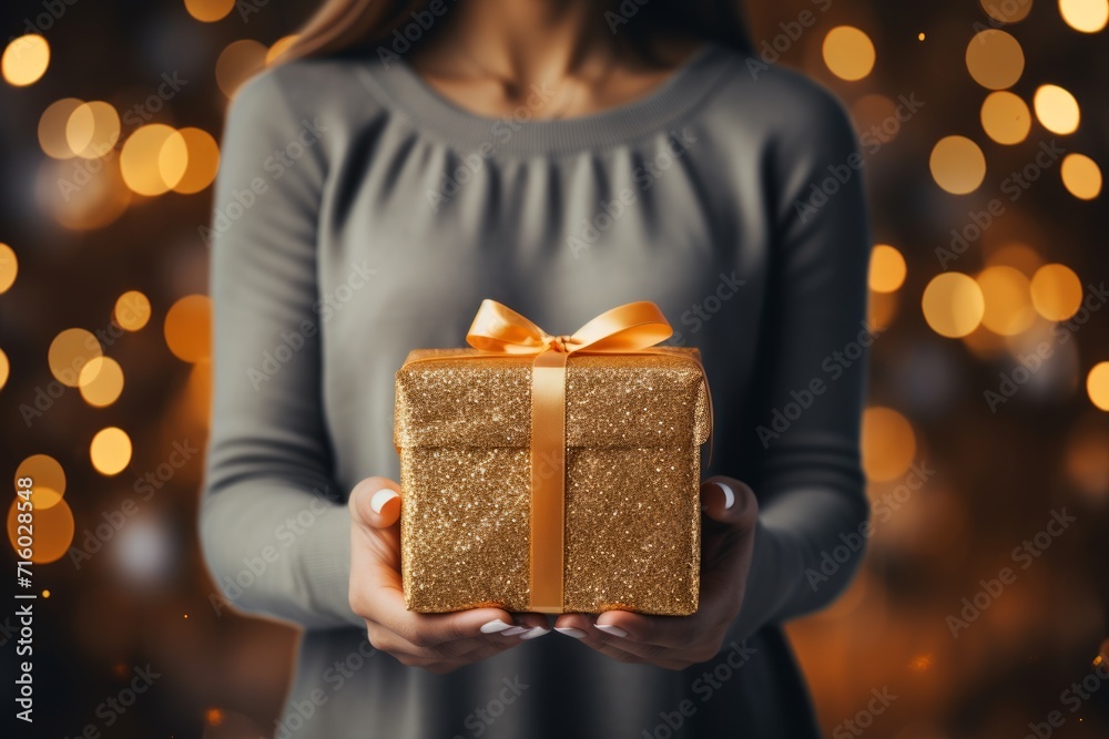 Woman holding gift box on bokeh lights background. Woman holding gift box on bokeh lights background.