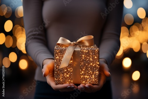 Woman holding gift box on bokeh lights background. © Darcraft