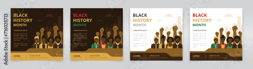 Social media post templates featuring African American people in front of background of power fists and cityscape. Ideal for Black History Month programs