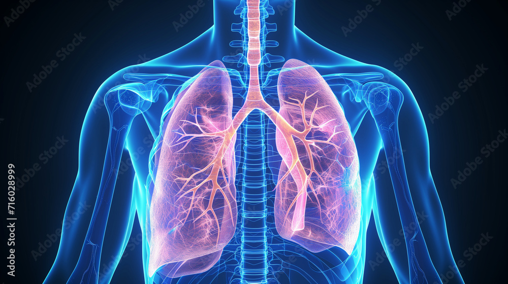 Human Body With Highlighted Blue Lungs - obrazy, fototapety, plakaty 