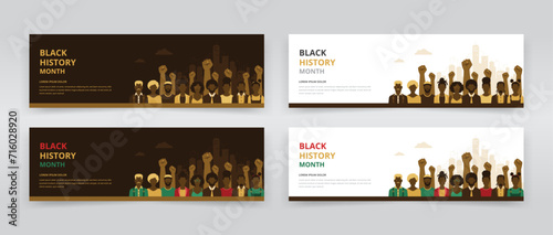 Web banner or header templates featuring African American people in front of background of power fists and cityscape. Ideal for Black History Month programs photo