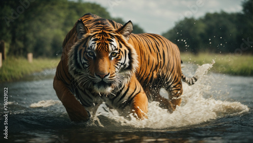 Tiger gracefully playing in a serene water habitat  showcasing its wild beauty and majestic presence amidst nature s backdrop.