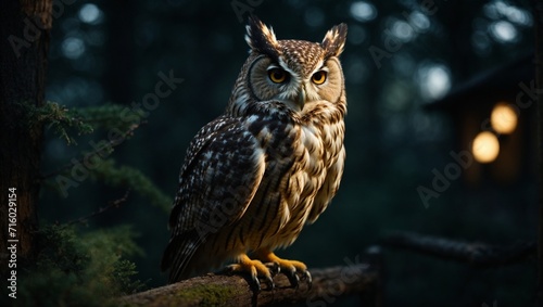 Winter Portrait of Wise Great Horned Owl Perched on Branch in Night