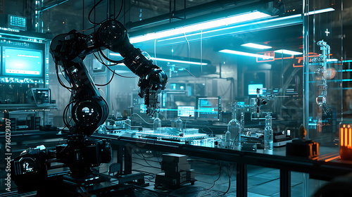 Um laboratório elegante e futurista zumbindo de atividade enquanto robôs de ponta e sistemas de I A avançados são montados e testados