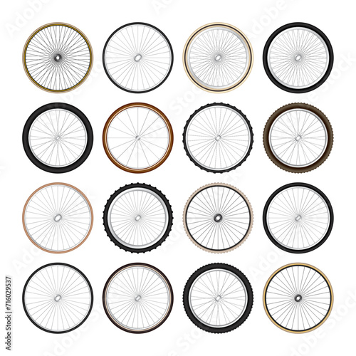 Realistic 3d retro bicycle wheels. Vintage bike rubber tyres, shiny metal spokes and rims. Fitness cycle, touring, sport, road and mountain bike. Vector illustration