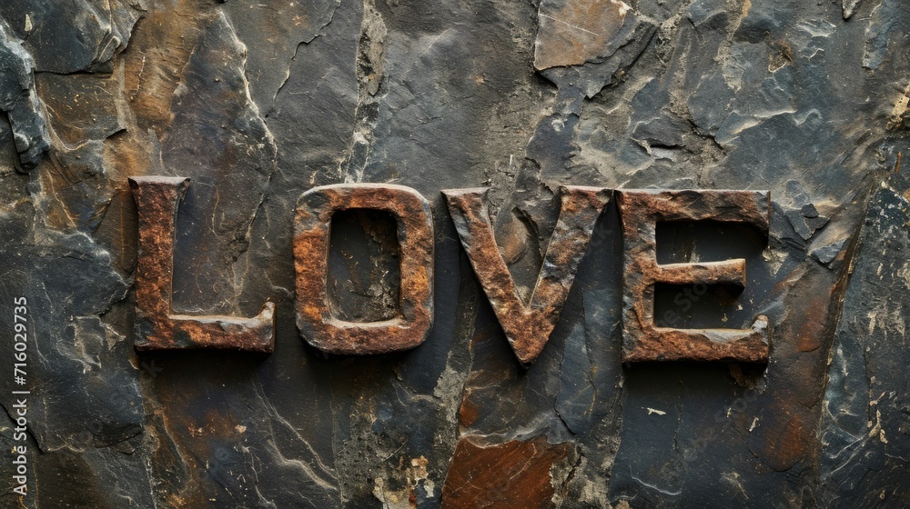 Slate Stone Love concept creative horizontal art poster. Photorealistic textured word Love on artistic background. Horizontal Illustration. Ai Generated Romance and Passion Symbol.