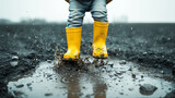 Child in yellow wellington boots jumping and playing in a puddle of mud in dark and gloomy environment