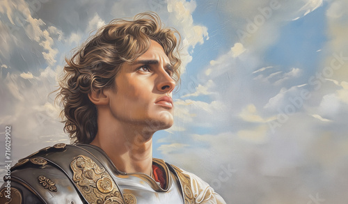 Alexander the Great in the midst of battle. His steely gaze radiates determination and fearlessness. Surrounded by an impressive phalanx of powerful soldiers. photo