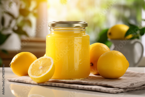 A glass jar of homemade lemon curd with fresh citrus fruit