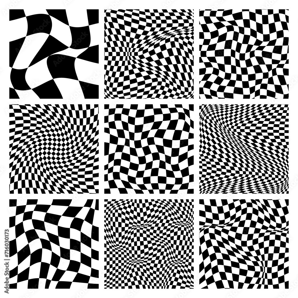 Trendy checkered pattern, black and white distorted tiled grid. Wavy curved backdrop, distortion effect. Funky geometric chessboard texture, retro background in 90s style, y2k. Vector illustration Trendy checkered pattern, black and white distorted tiled grid. Wavy curved backdrop, distortion effect. Funky geometric chessboard texture, retro background in 90s style, y2k. Vector illustration