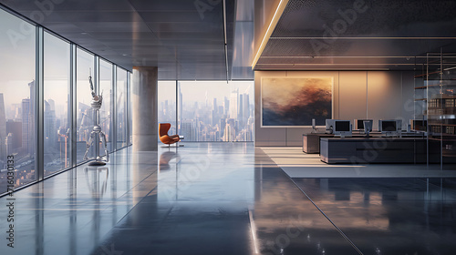 Um espaço de escritório elegante e minimalista com pisos de concreto polido e janelas do chão ao teto oferece uma vista panorâmica de uma metrópole movimentada photo