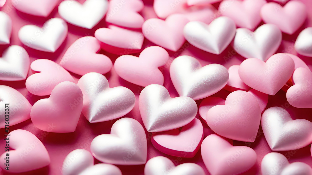 Holiday abstract Valentine's Day background with pink satin hearts.Top view,flat lay.Valentine,Love, wedding concept.Festive banner for design.AI generated Holiday abstract Valentine's Day background with pink satin hearts.Top view,flat lay.Valentine,Love, wedding concept.Festive banner for design.AI generated